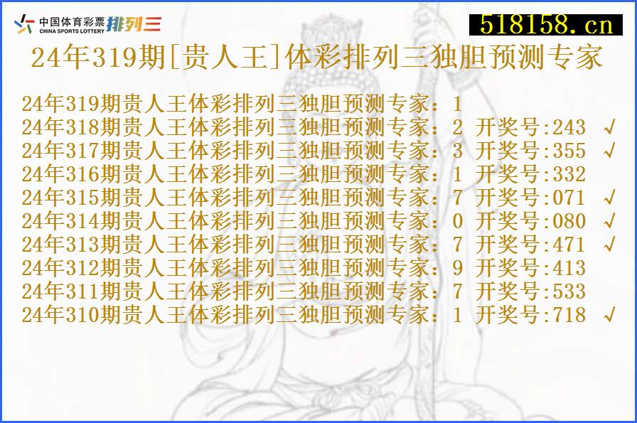 24年319期[贵人王]体彩排列三独胆预测专家