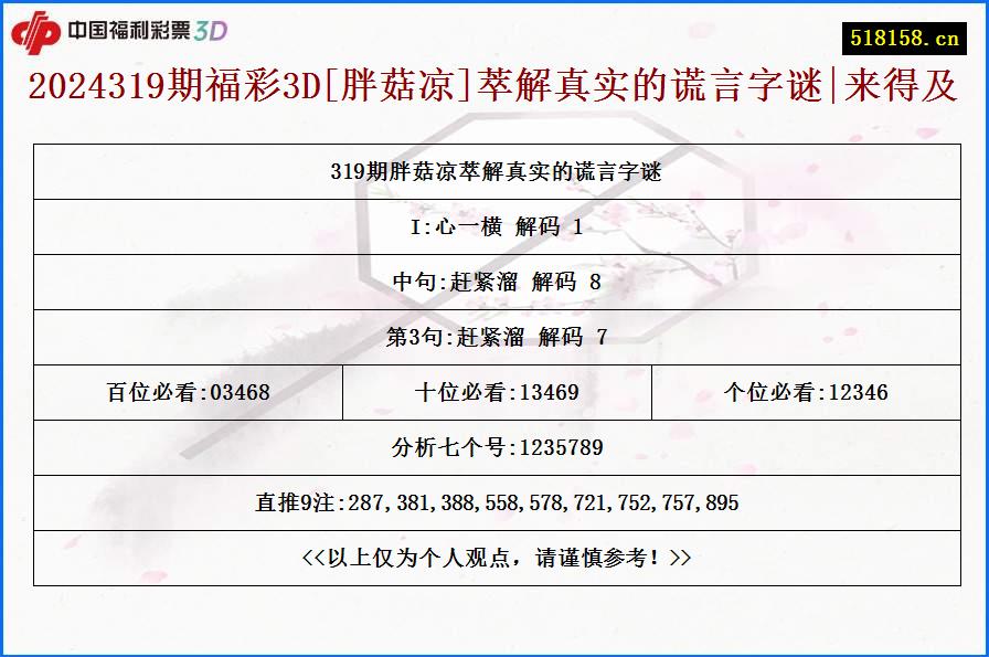 2024319期福彩3D[胖菇凉]萃解真实的谎言字谜|来得及