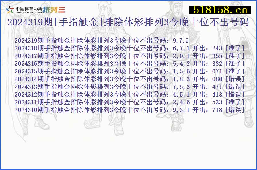 2024319期[手指触金]排除体彩排列3今晚十位不出号码