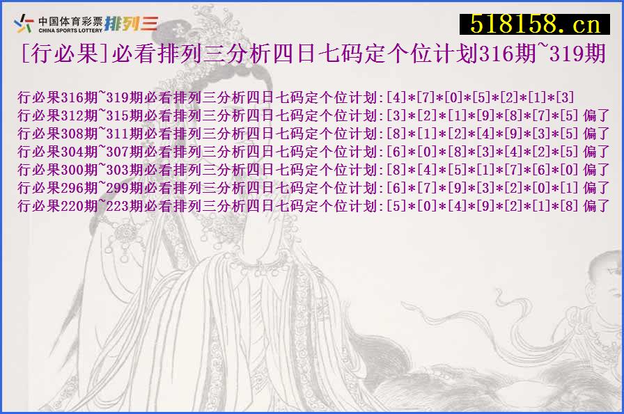 [行必果]必看排列三分析四日七码定个位计划316期~319期