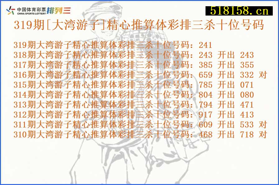 319期[大湾游子]精心推算体彩排三杀十位号码