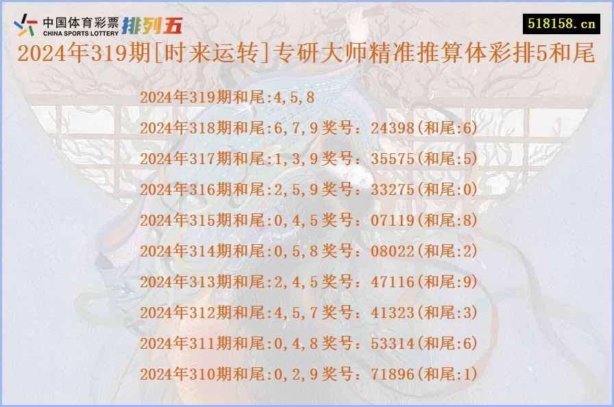 2024年319期[时来运转]专研大师精准推算体彩排5和尾