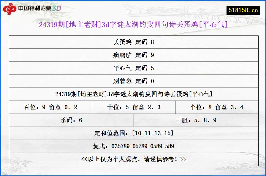 24319期[地主老财]3d字谜太湖钓叟四句诗丢蛋鸡[平心气]