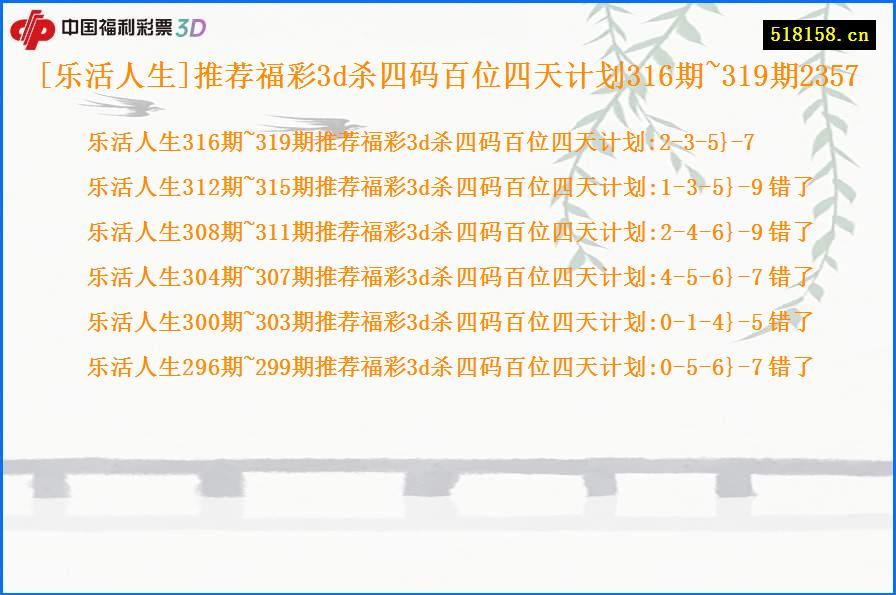 [乐活人生]推荐福彩3d杀四码百位四天计划316期~319期2357