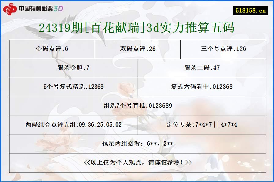 24319期[百花献瑞]3d实力推算五码