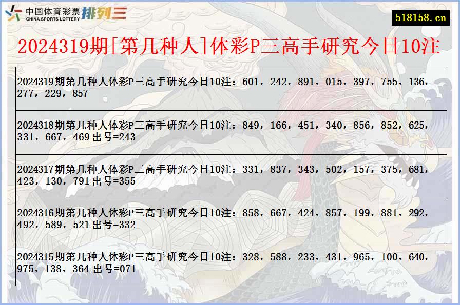 2024319期[第几种人]体彩P三高手研究今日10注