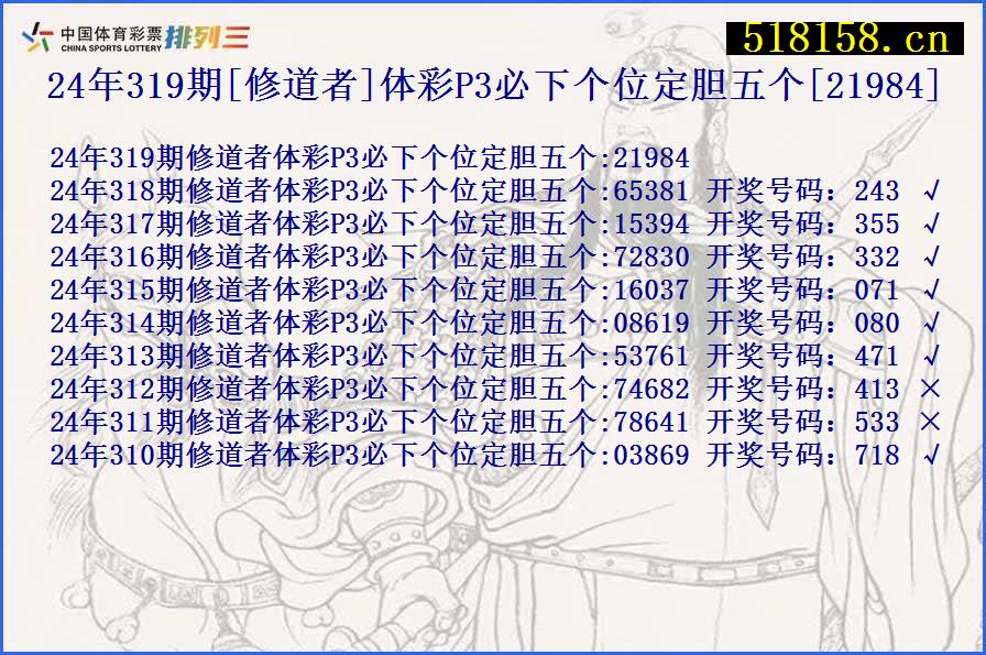 24年319期[修道者]体彩P3必下个位定胆五个[21984]