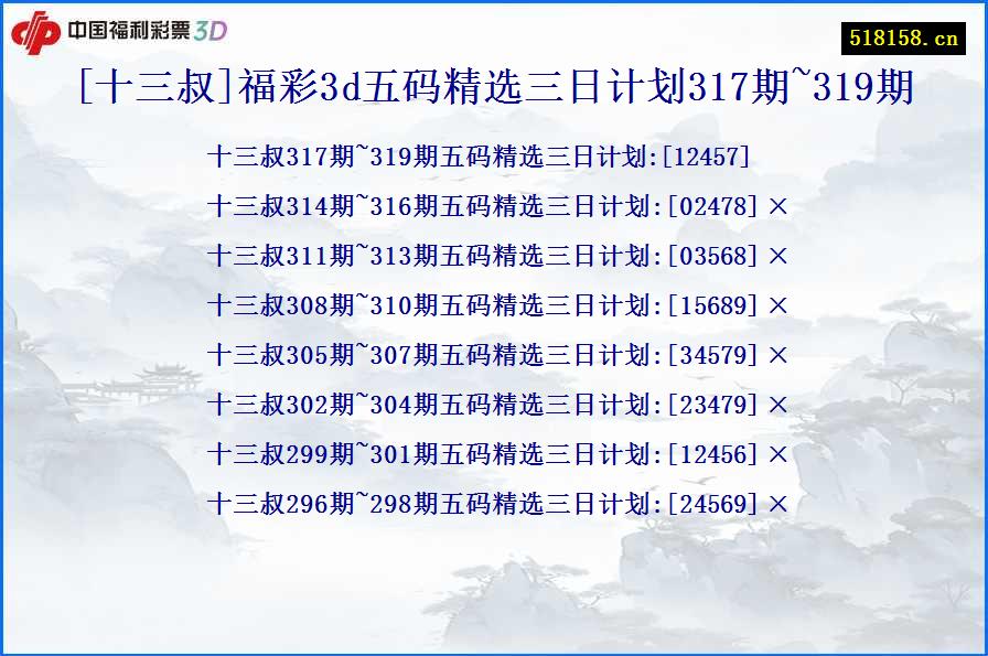 [十三叔]福彩3d五码精选三日计划317期~319期