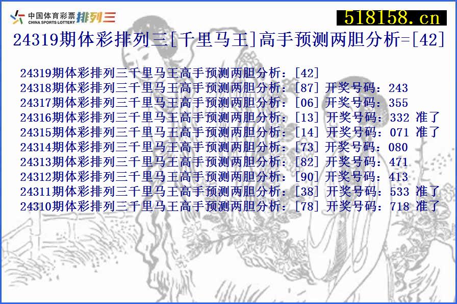 24319期体彩排列三[千里马王]高手预测两胆分析=[42]