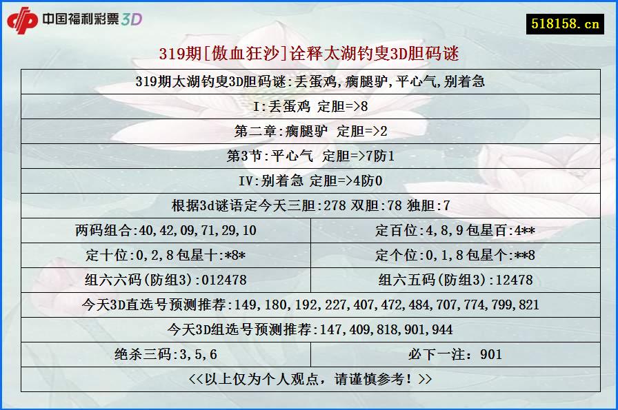 319期[傲血狂沙]诠释太湖钓叟3D胆码谜