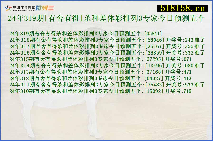 24年319期[有舍有得]杀和差体彩排列3专家今日预测五个