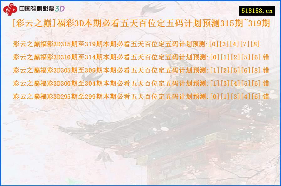 [彩云之巅]福彩3D本期必看五天百位定五码计划预测315期~319期