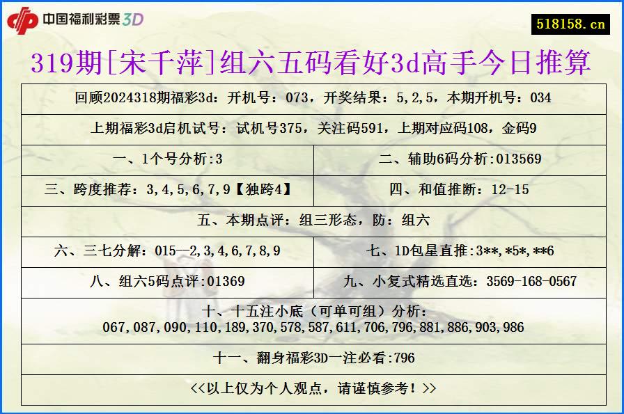 319期[宋千萍]组六五码看好3d高手今日推算