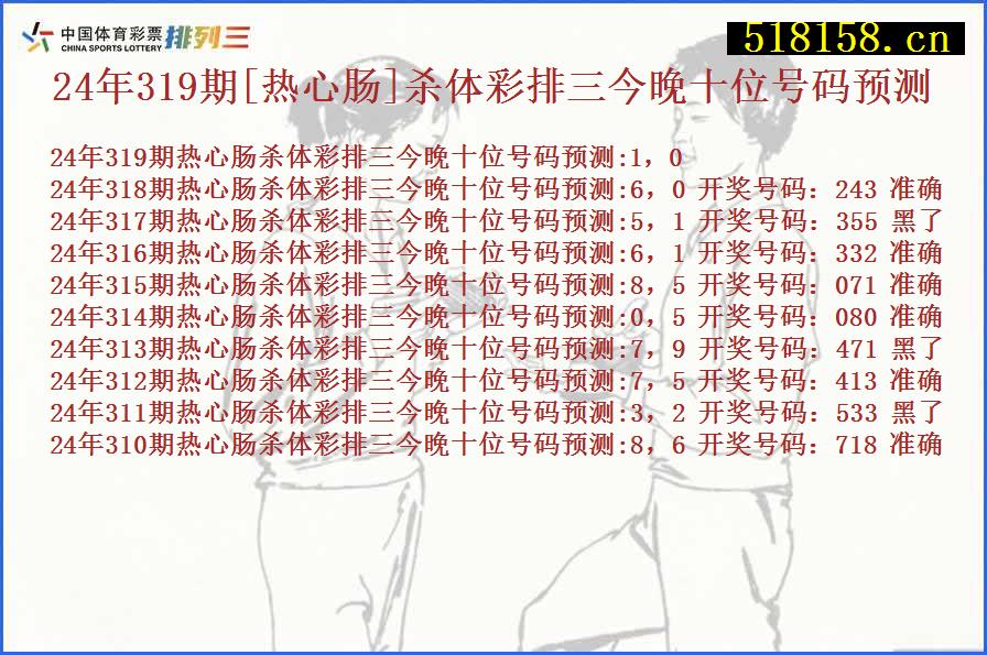 24年319期[热心肠]杀体彩排三今晚十位号码预测