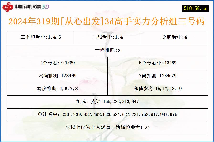 2024年319期[从心出发]3d高手实力分析组三号码