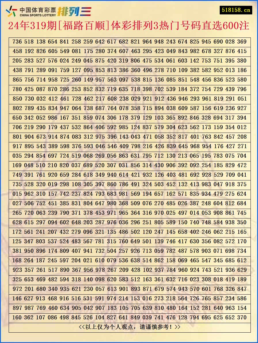 24年319期[福路百顺]体彩排列3热门号码直选600注