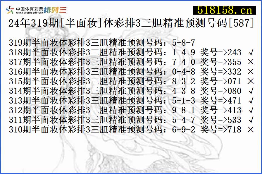 24年319期[半面妆]体彩排3三胆精准预测号码[587]