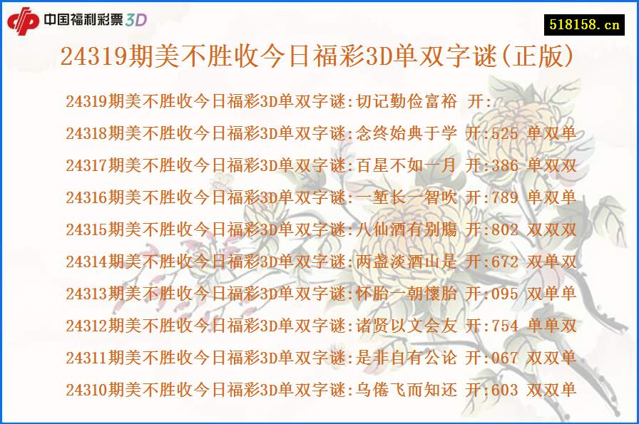 24319期美不胜收今日福彩3D单双字谜(正版)