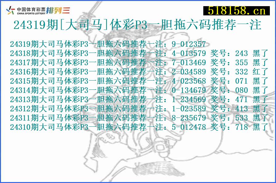 24319期[大司马]体彩P3一胆拖六码推荐一注