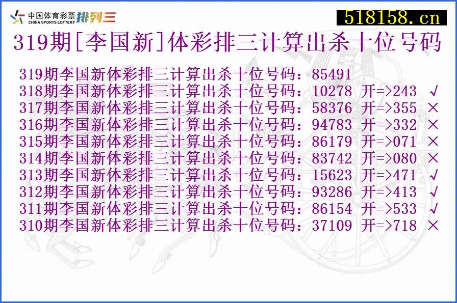 319期[李国新]体彩排三计算出杀十位号码