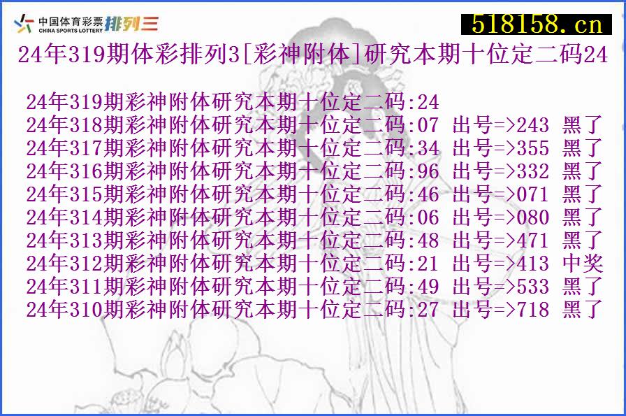 24年319期体彩排列3[彩神附体]研究本期十位定二码24