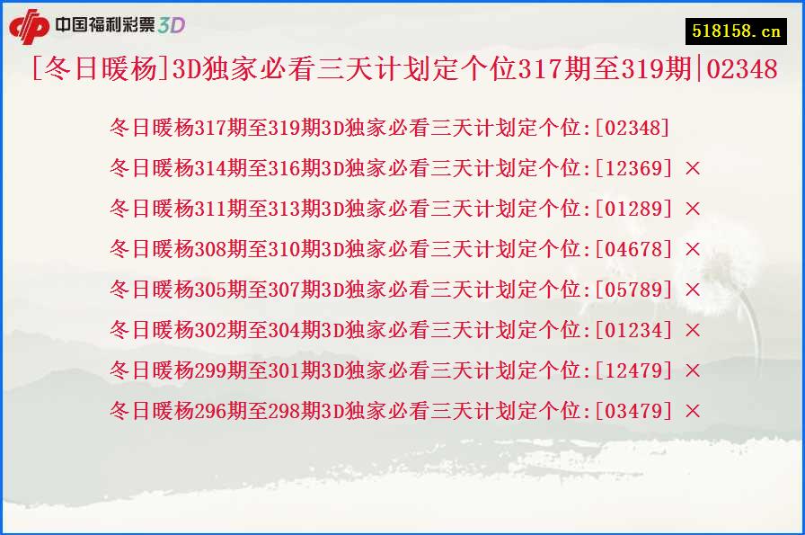 [冬日暖杨]3D独家必看三天计划定个位317期至319期|02348