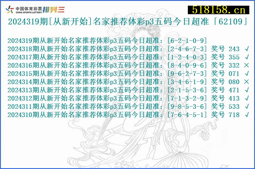 2024319期[从新开始]名家推荐体彩p3五码今日超准「62109」