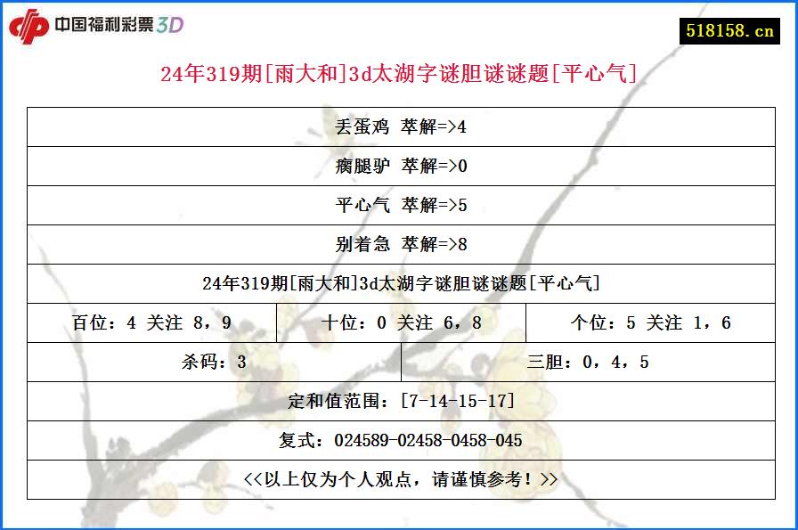 24年319期[雨大和]3d太湖字谜胆谜谜题[平心气]