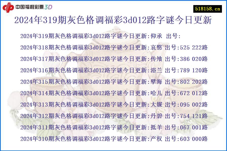 2024年319期灰色格调福彩3d012路字谜今日更新