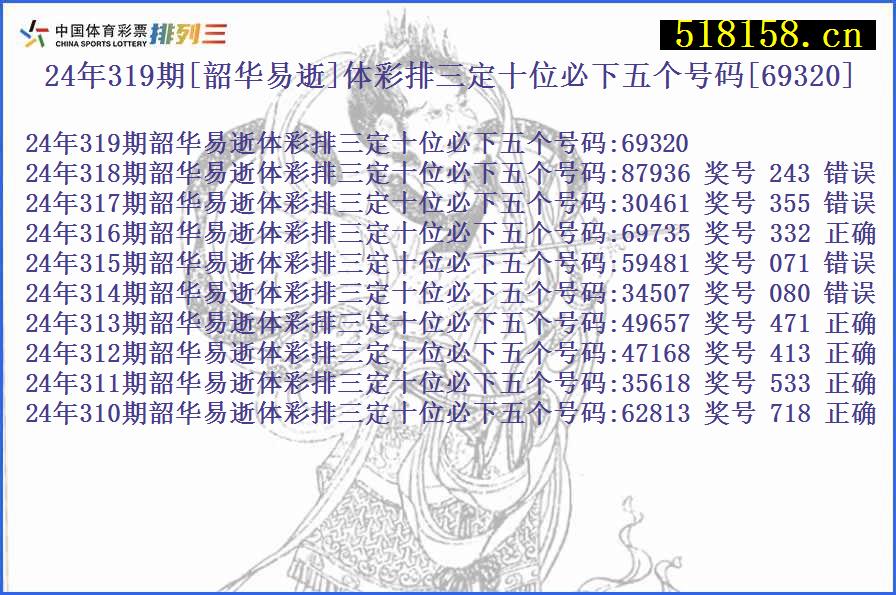 24年319期[韶华易逝]体彩排三定十位必下五个号码[69320]