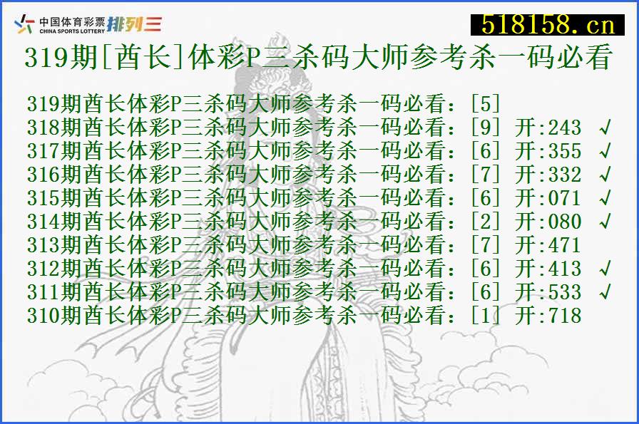 319期[酋长]体彩P三杀码大师参考杀一码必看