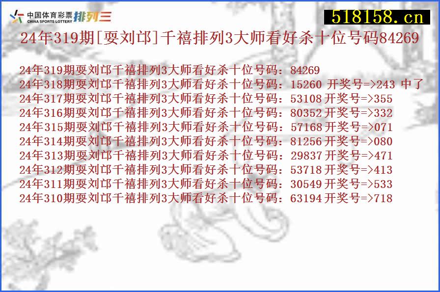 24年319期[耍刘邙]千禧排列3大师看好杀十位号码84269