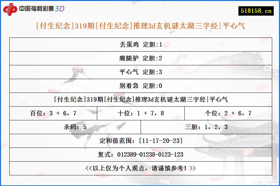 [付生纪念]319期[付生纪念]推理3d玄机谜太湖三字经|平心气