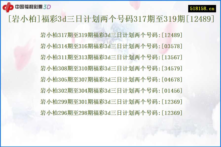 [岩小柏]福彩3d三日计划两个号码317期至319期[12489]