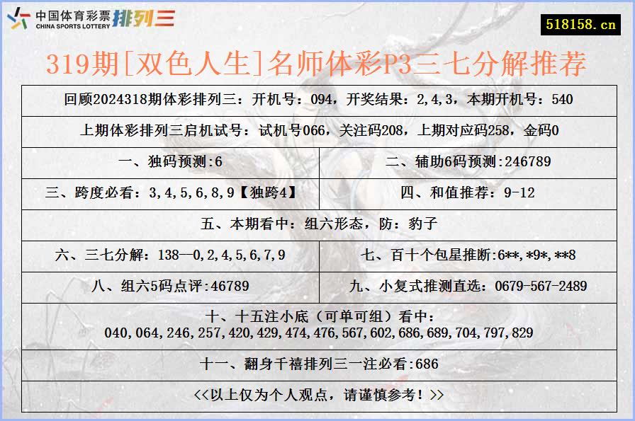 319期[双色人生]名师体彩P3三七分解推荐