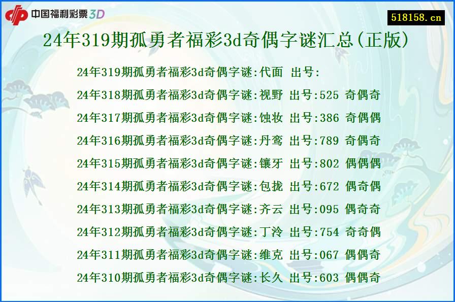 24年319期孤勇者福彩3d奇偶字谜汇总(正版)