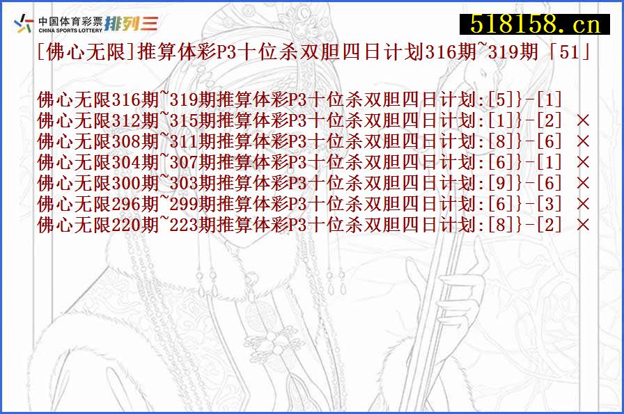 [佛心无限]推算体彩P3十位杀双胆四日计划316期~319期「51」