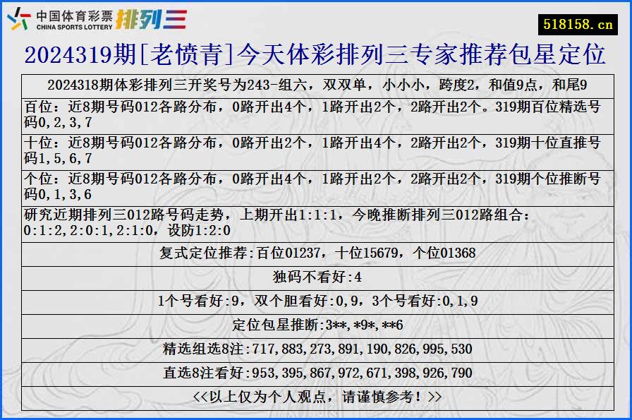 2024319期[老愤青]今天体彩排列三专家推荐包星定位