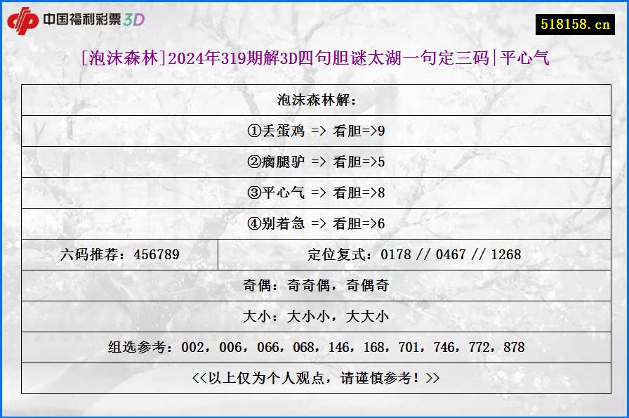 [泡沫森林]2024年319期解3D四句胆谜太湖一句定三码|平心气