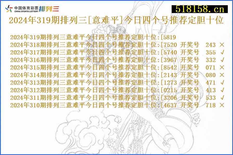 2024年319期排列三[意难平]今日四个号推荐定胆十位