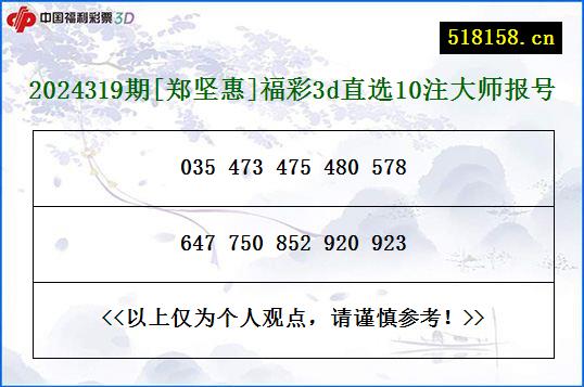 2024319期[郑坚惠]福彩3d直选10注大师报号