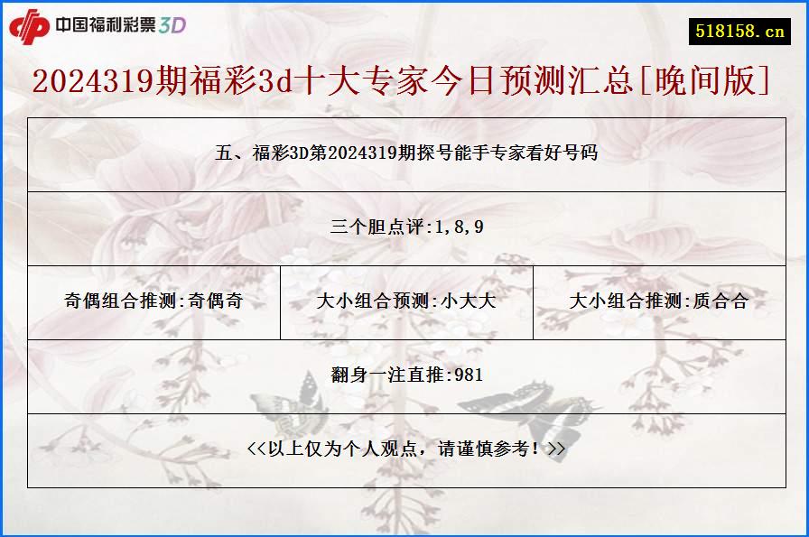 五、福彩3D第2024319期探号能手专家看好号码