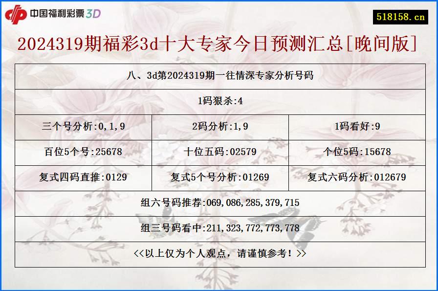 八、3d第2024319期一往情深专家分析号码