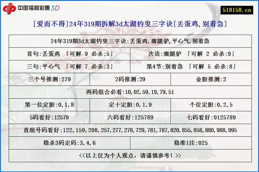 [爱而不得]24年319期拆解3d太湖钓叟三字诀[丢蛋鸡,别着急]