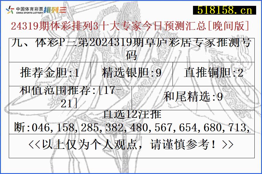 九、体彩P三第2024319期草庐彩居专家推测号码