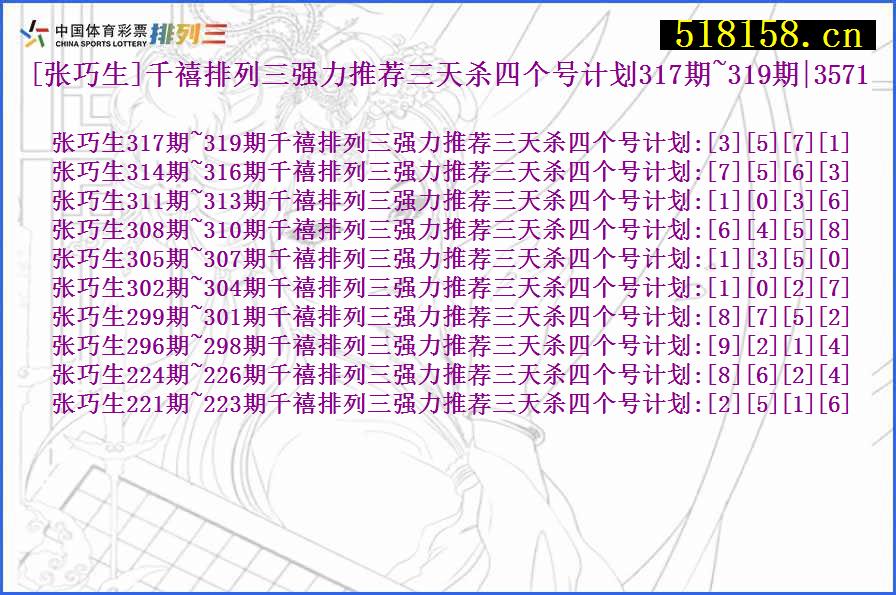 [张巧生]千禧排列三强力推荐三天杀四个号计划317期~319期|3571