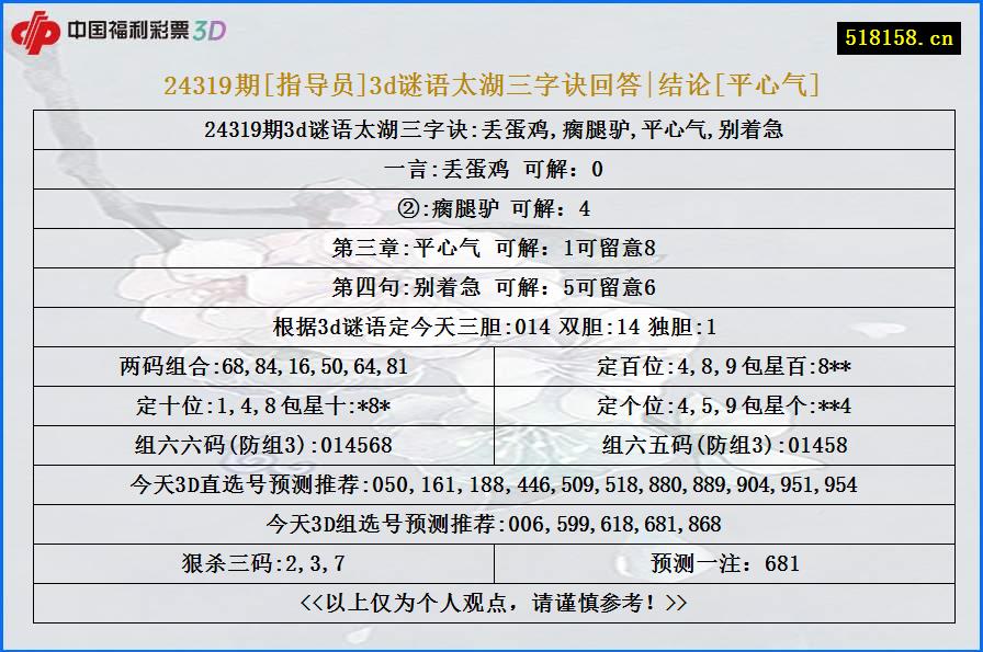 24319期[指导员]3d谜语太湖三字诀回答|结论[平心气]