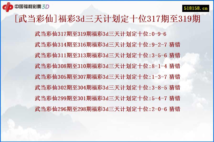 [武当彩仙]福彩3d三天计划定十位317期至319期