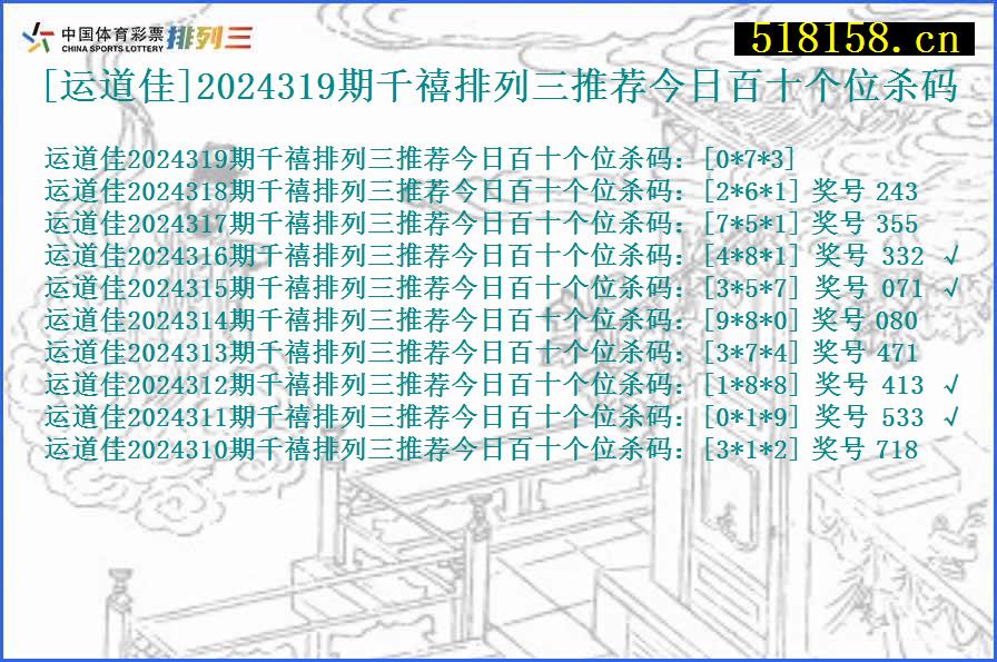 [运道佳]2024319期千禧排列三推荐今日百十个位杀码