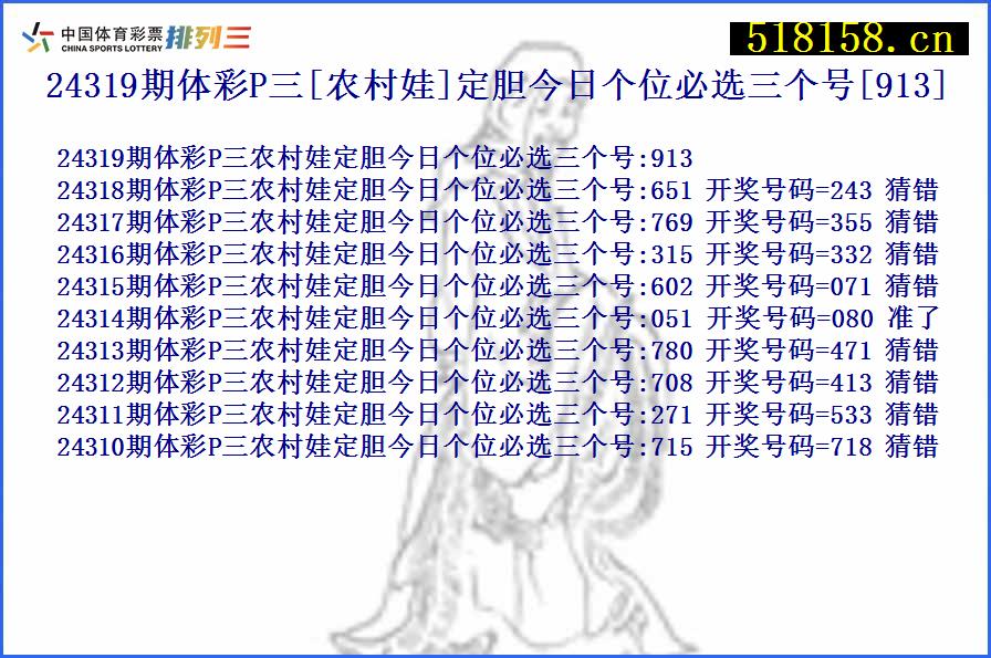 24319期体彩P三[农村娃]定胆今日个位必选三个号[913]